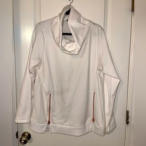 White pullover with gold zipper detailing